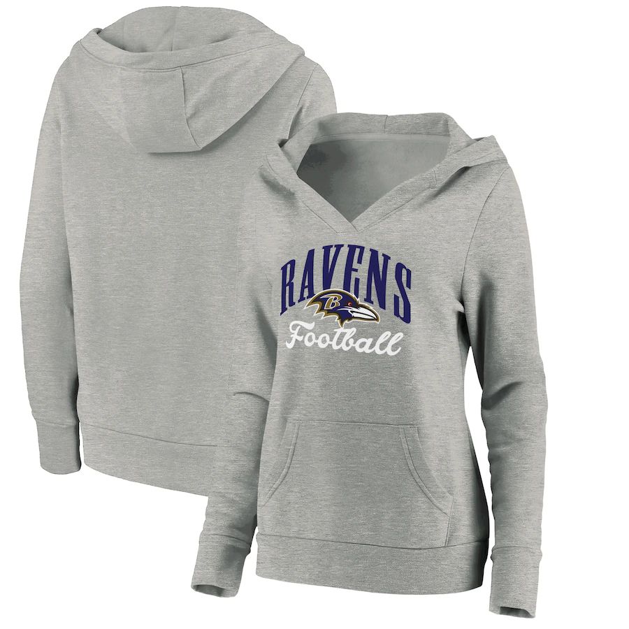 Women Baltimore Ravens Fanatics Branded Heathered Gray Victory Script V-Neck Pullover Hoodie